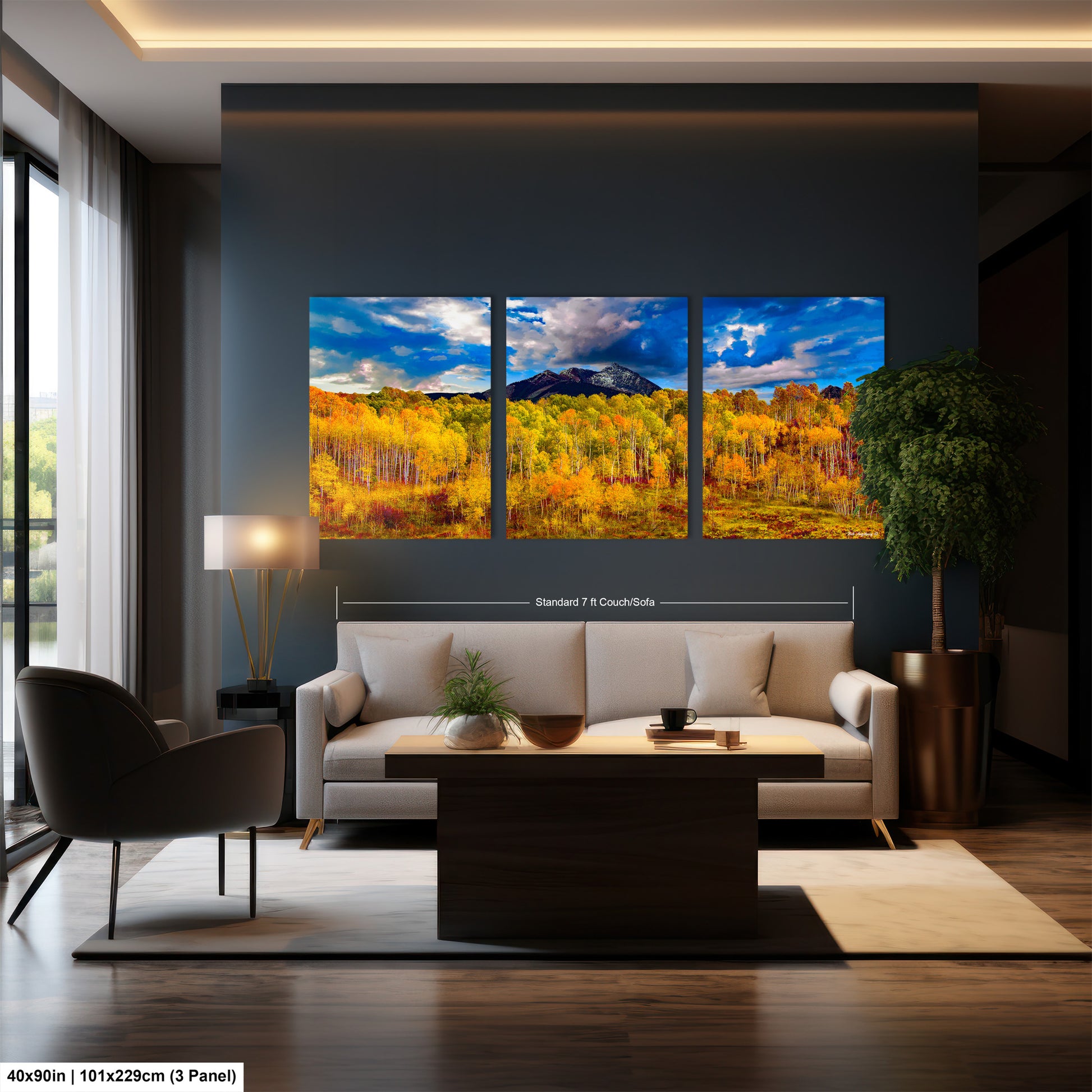 a living room filled with furniture and a painting on the wall