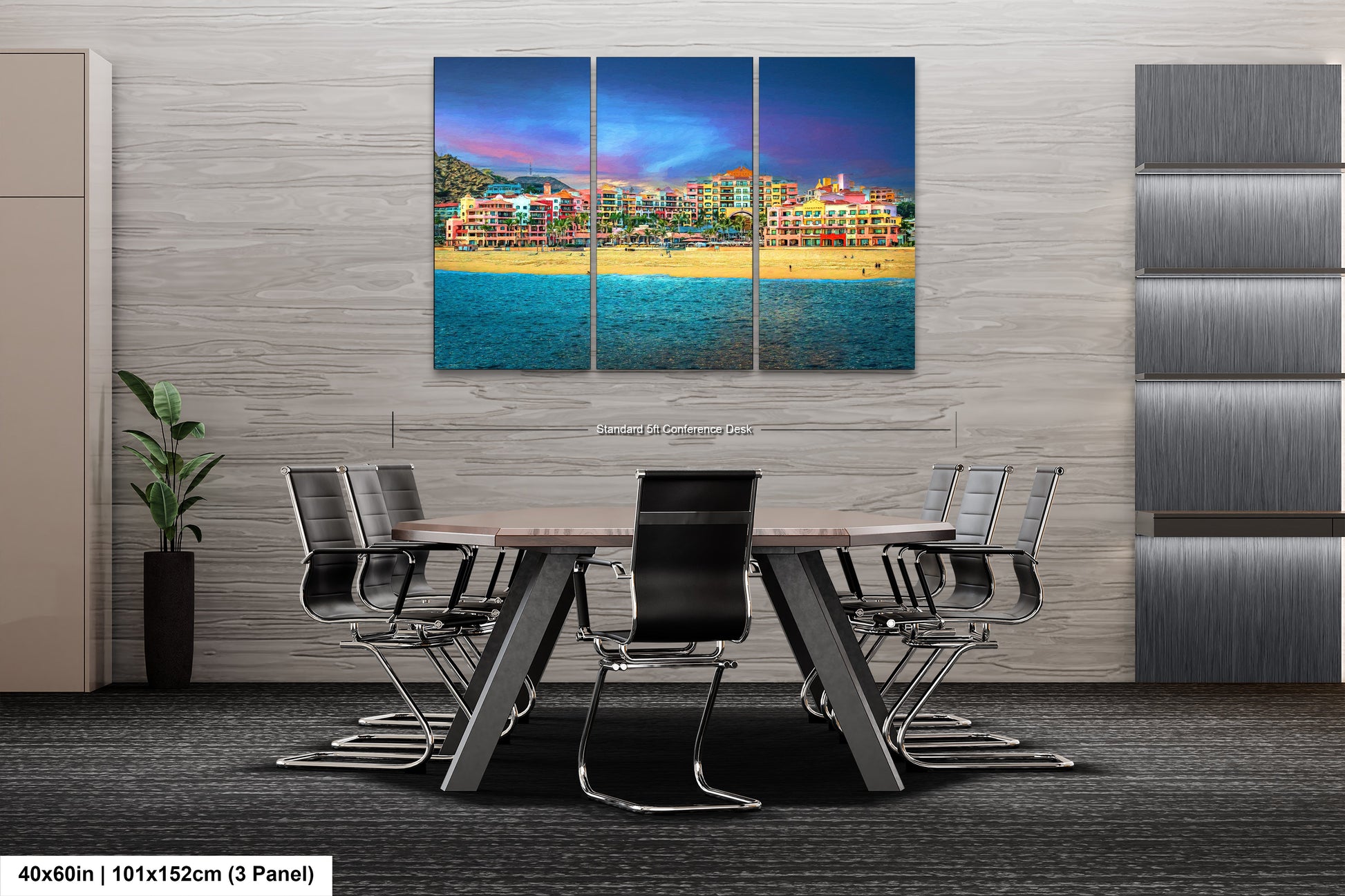 a dining room table with chairs and a painting on the wall