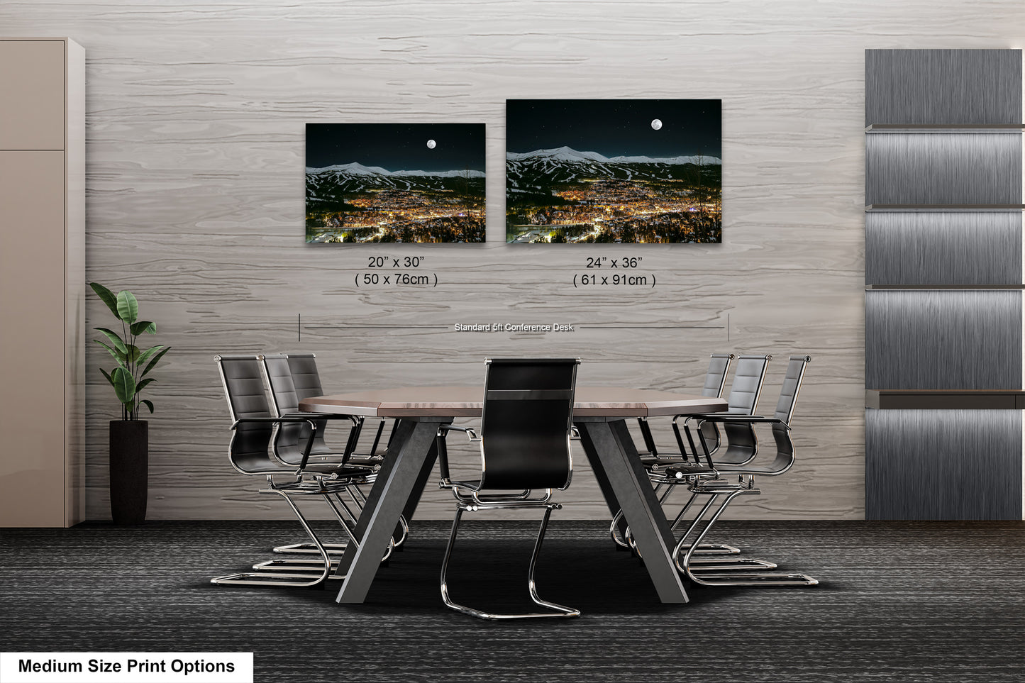 a dining room table with chairs and a picture of a city