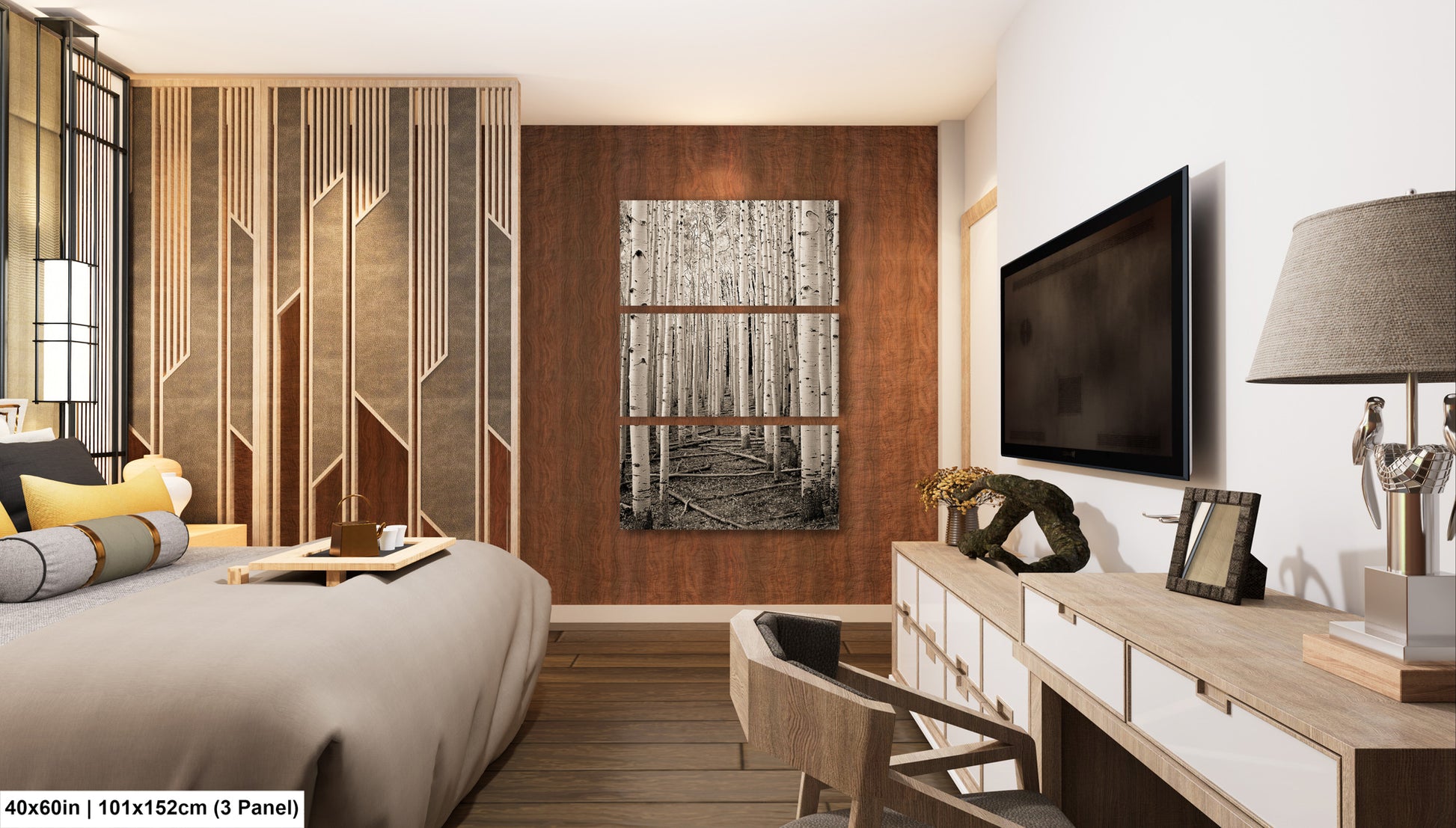 a bed room with a neatly made bed and a flat screen tv