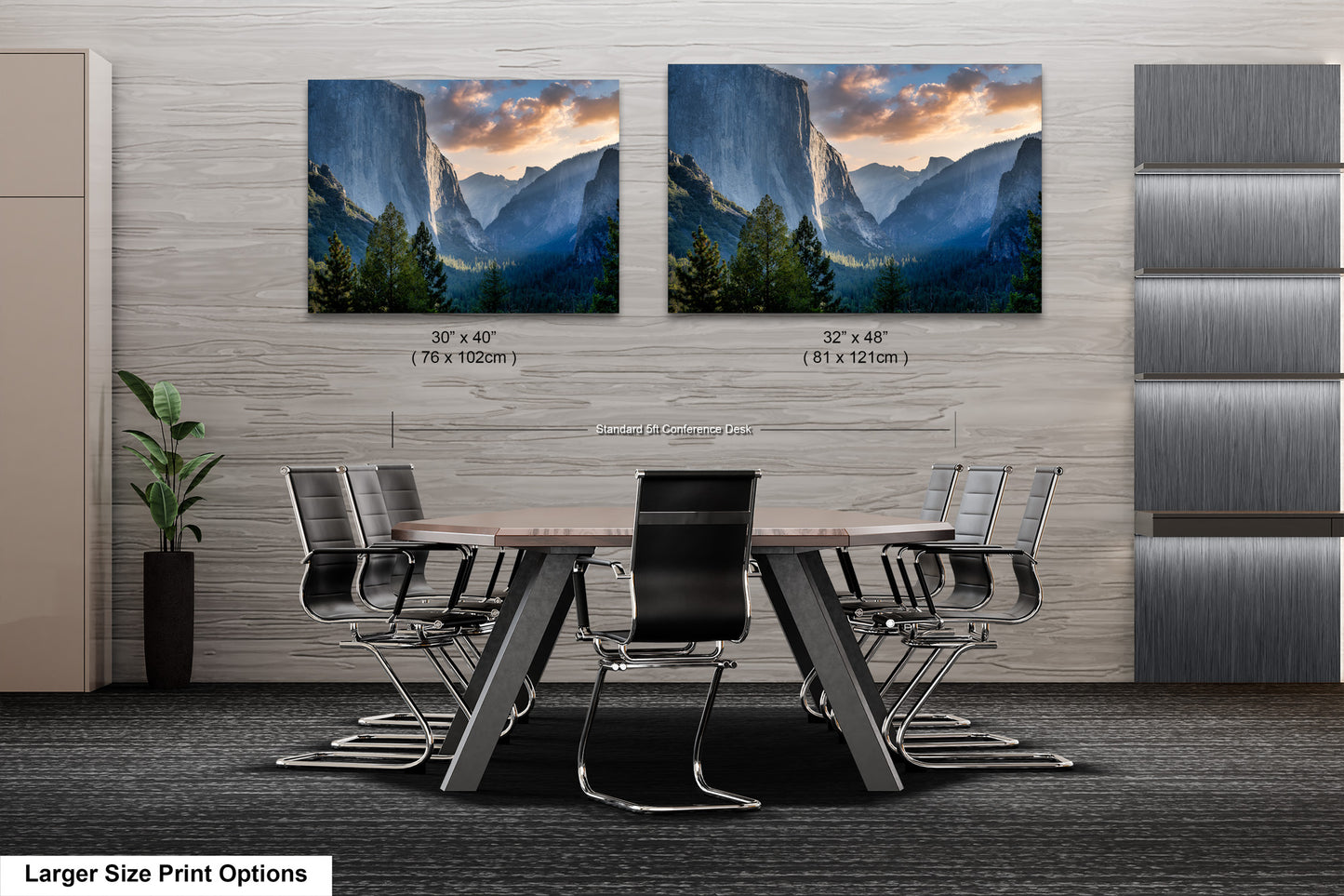 a dining room table with chairs and two pictures on the wall