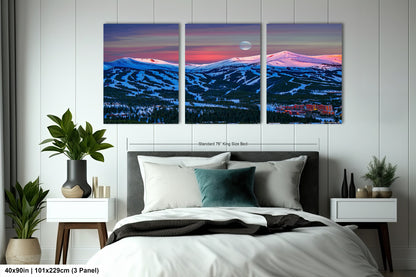 a bedroom with a bed and two paintings on the wall