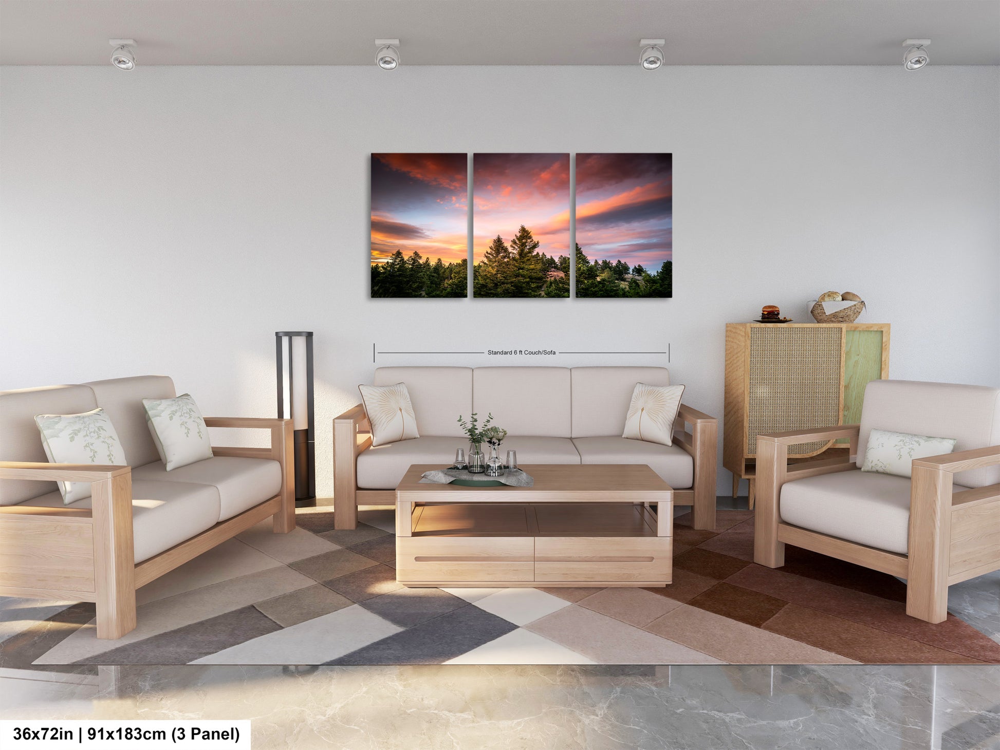 a living room filled with furniture and a painting on the wall