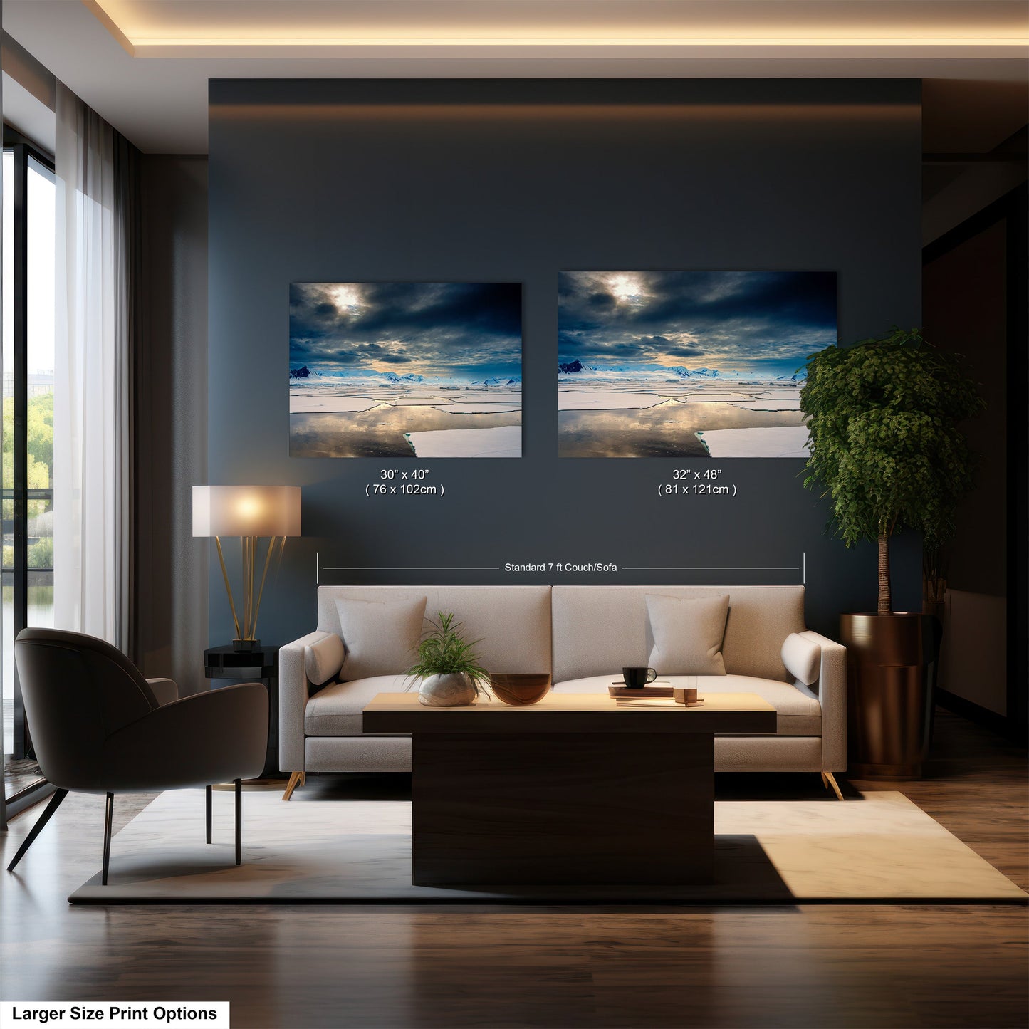a living room with a couch and a table