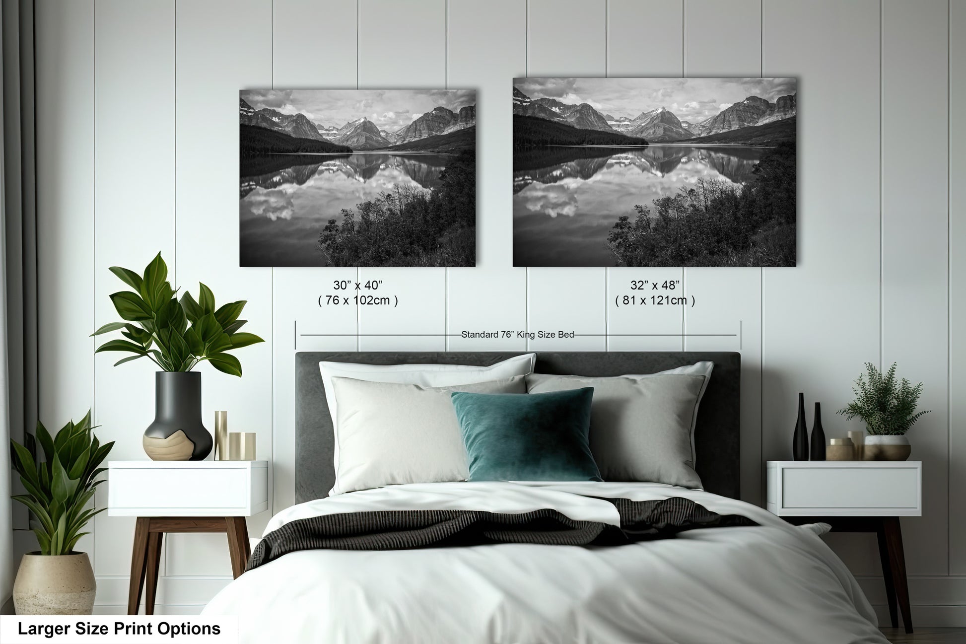 a bedroom with a bed and two pictures on the wall