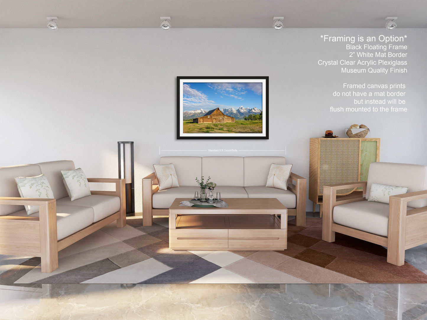 a living room filled with furniture and a painting on the wall