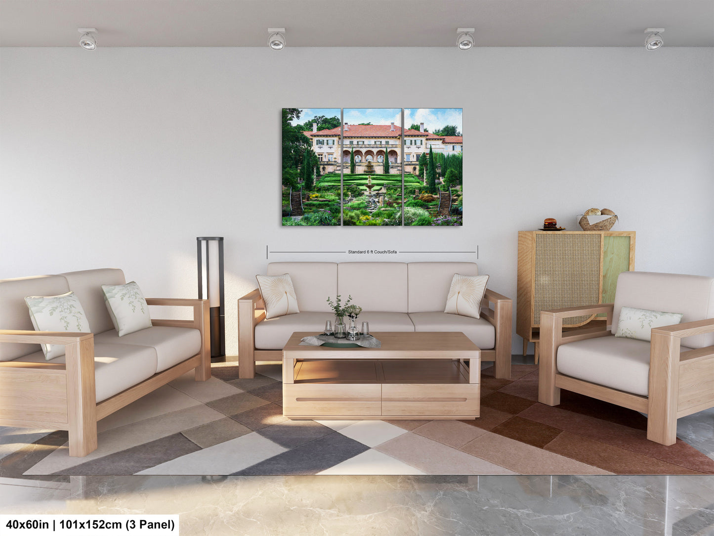 a living room filled with furniture and a painting on the wall