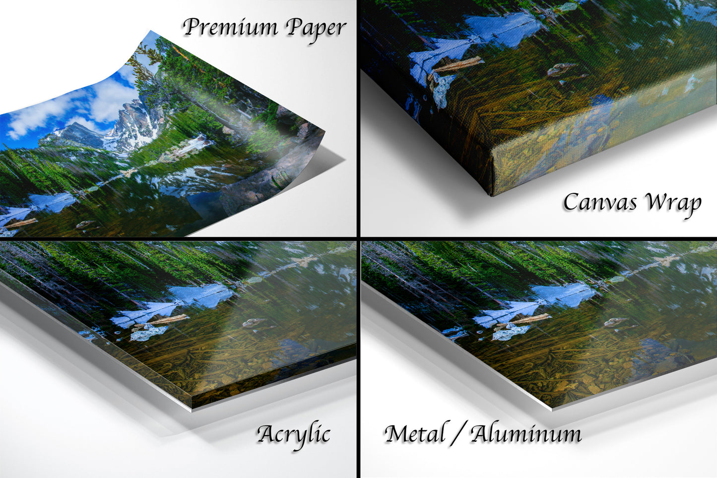 a series of four photos of a forest
