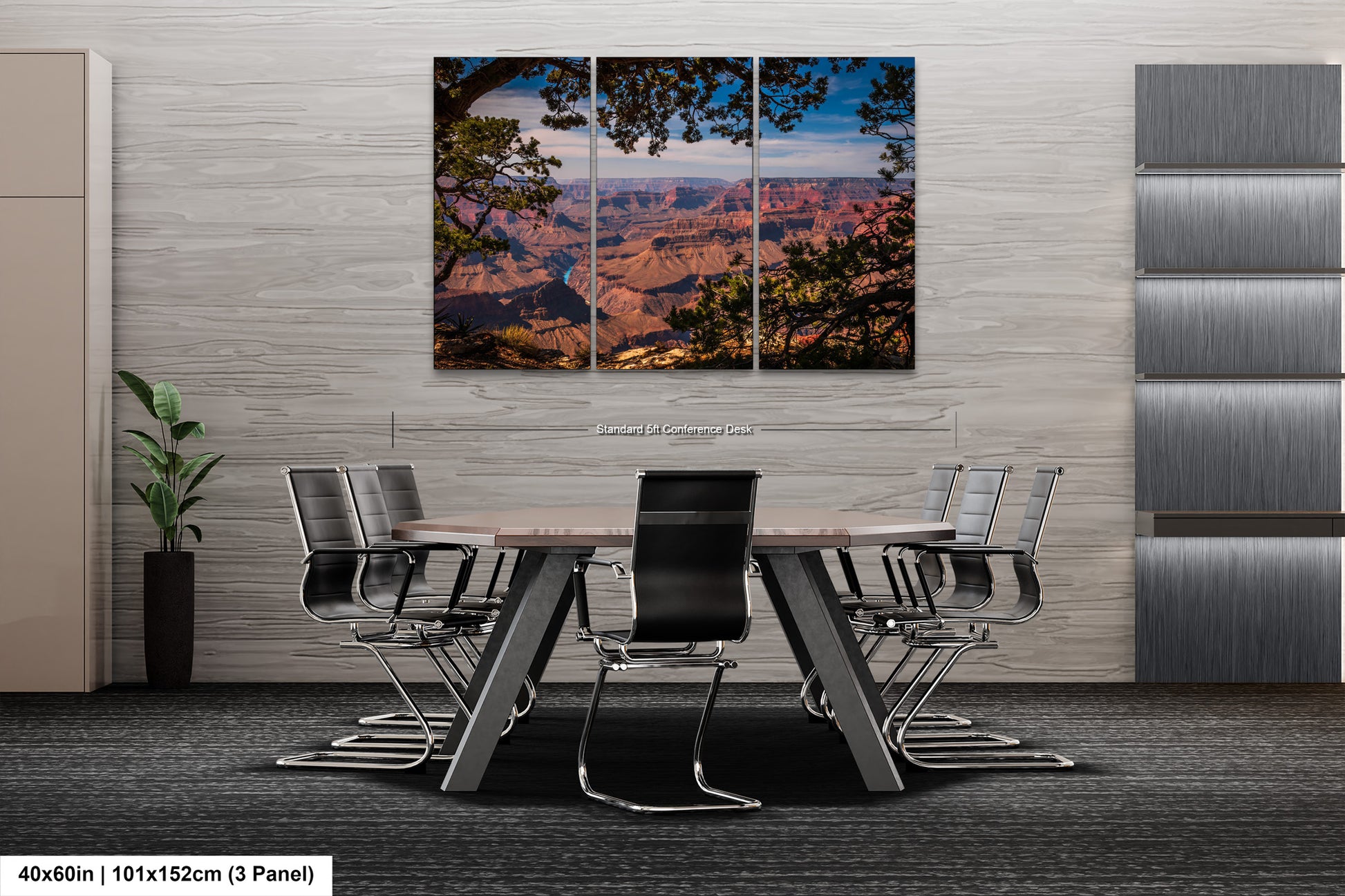 a dining room table with a view of the grand canyon