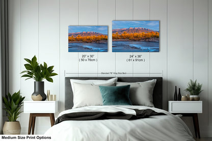 a bed room with a neatly made bed and two pictures on the wall