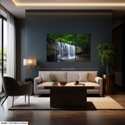 a living room with a couch a table and a waterfall