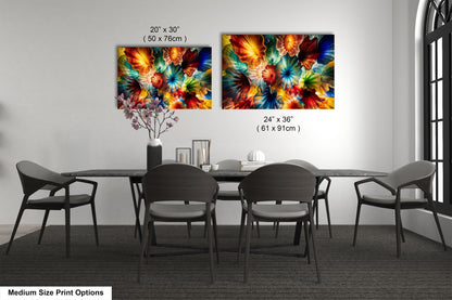 a modern dining room with a large abstract painting of colorful flowers hanging on the wall above a black table surrounded by six chairs.