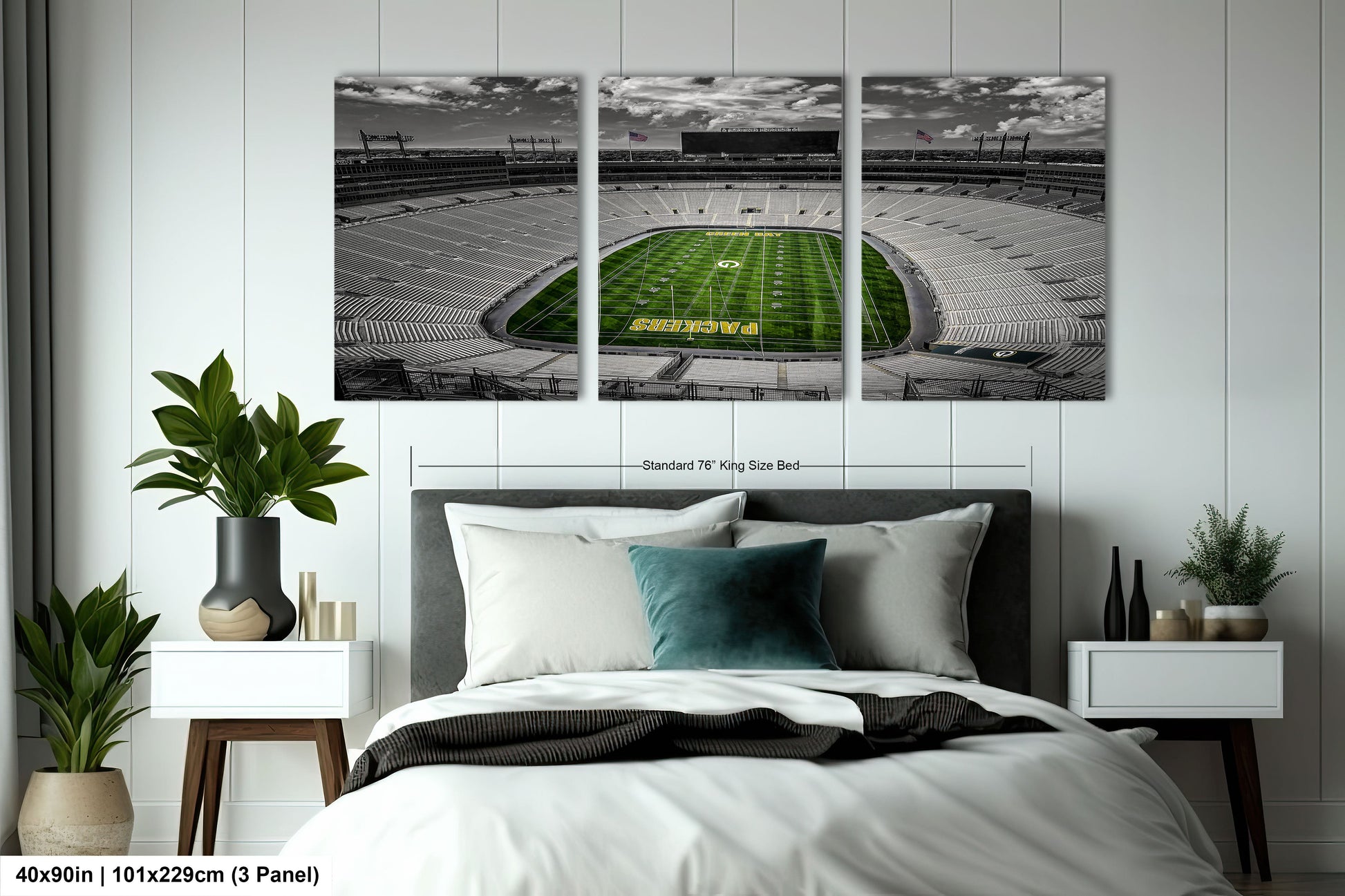 a bedroom with a bed and two pictures on the wall