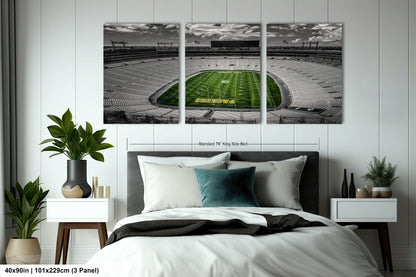 a bedroom with a bed and two pictures on the wall