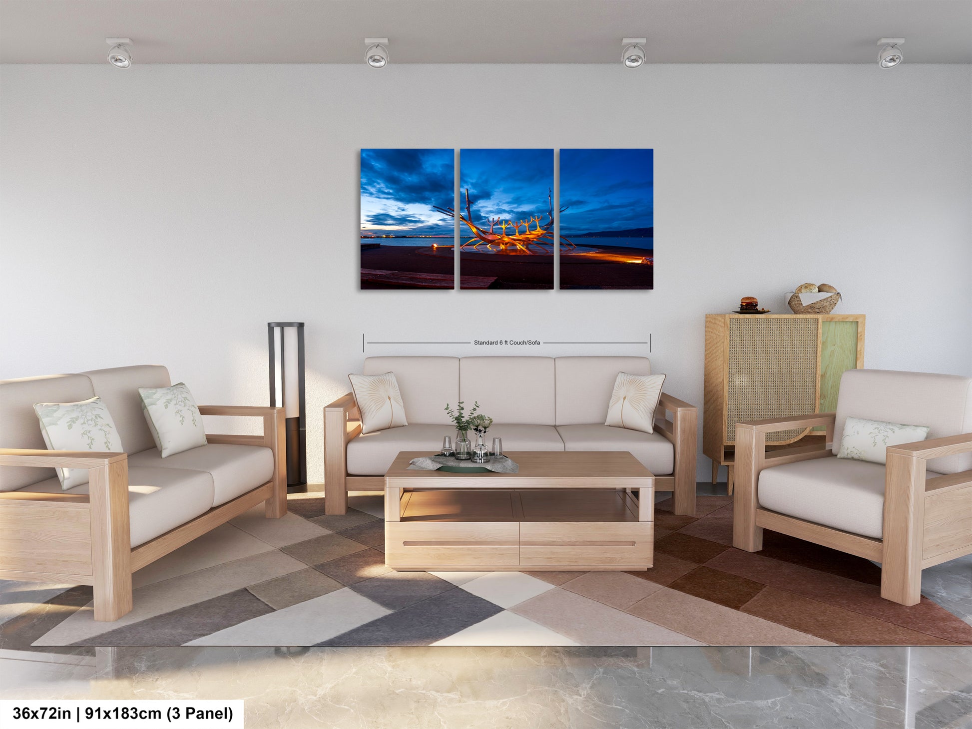 a living room filled with furniture and a painting on the wall