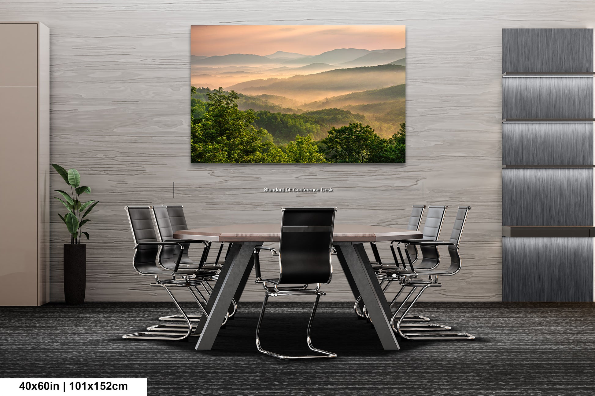a dining room table with chairs and a painting on the wall