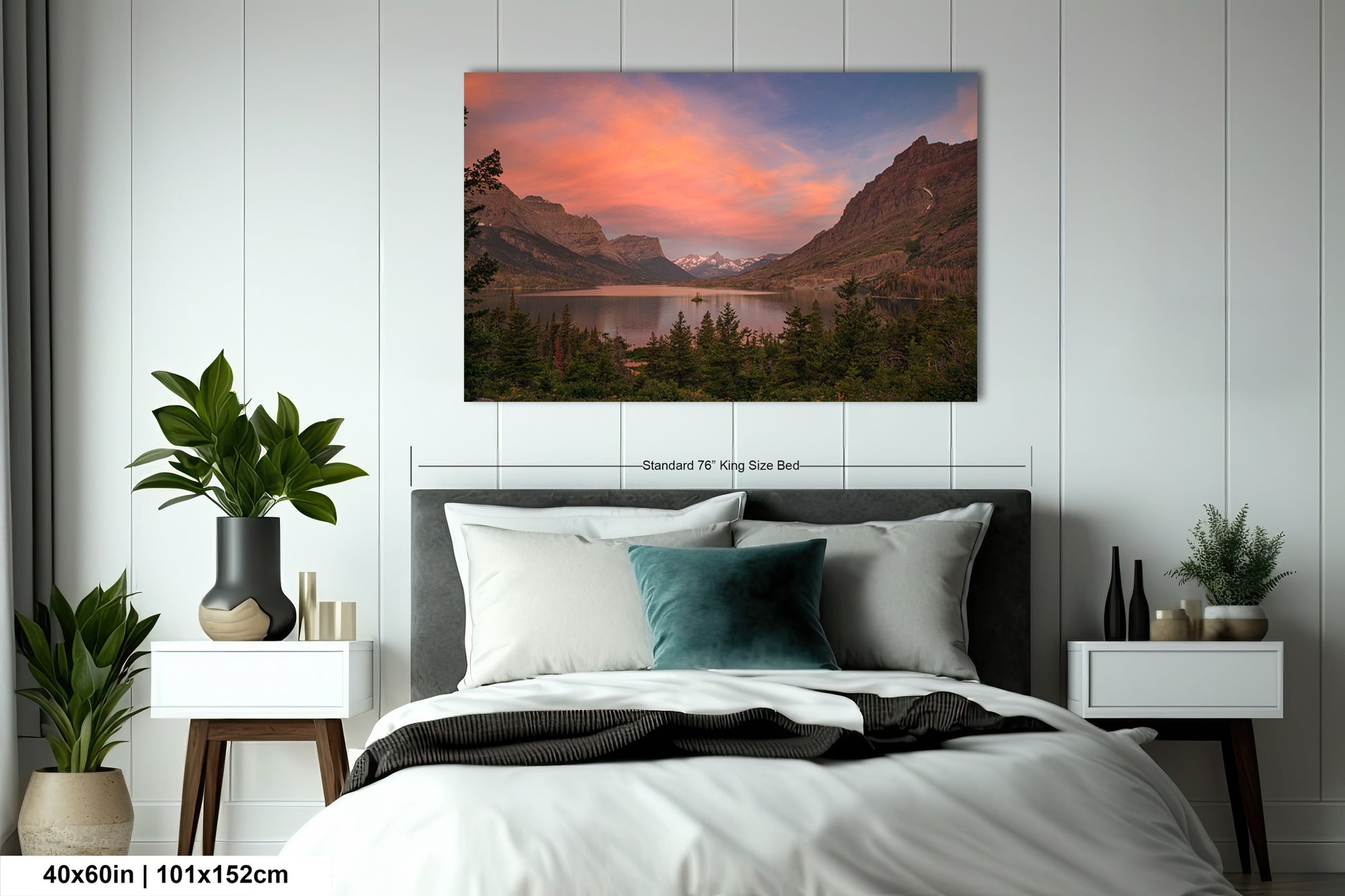 a bedroom with a bed and a painting on the wall