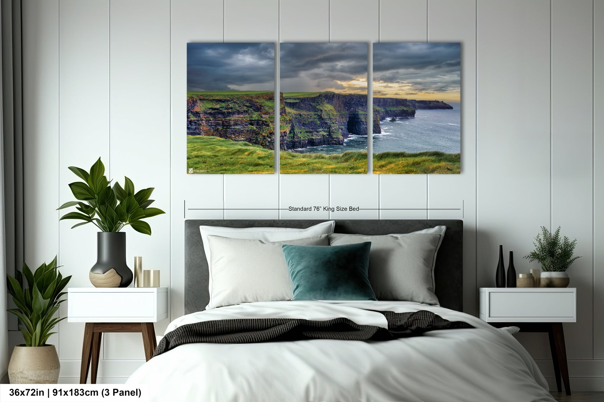 a bedroom scene with a bed and two paintings on the wall