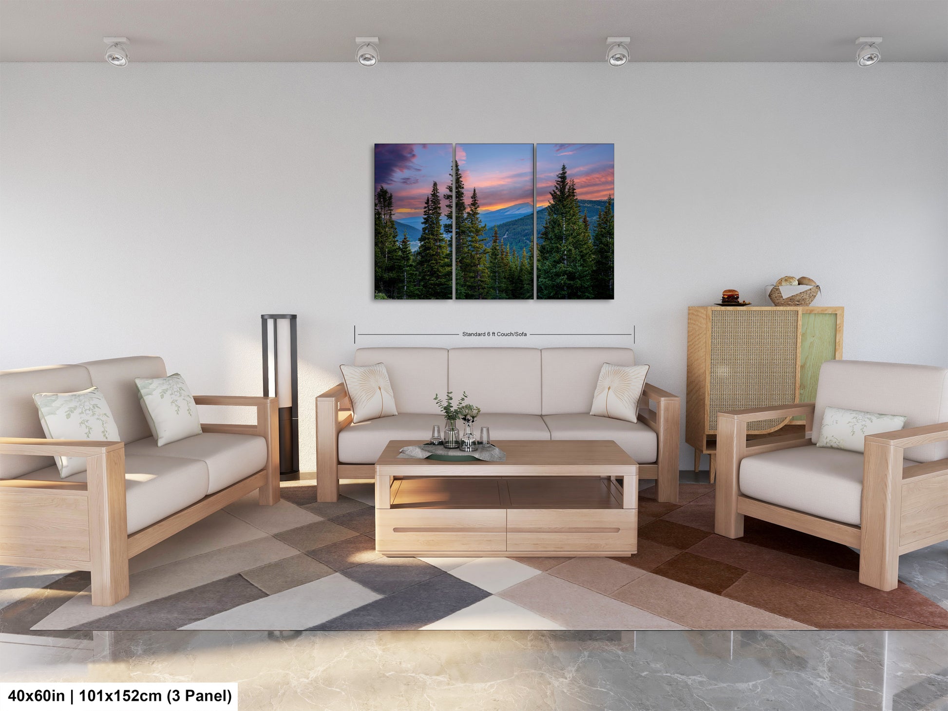 The image is a modern living room with a large, colorful painting of a forest scene hanging on the wall. The room is furnished with a sofa, two chairs, and a coffee table, creating a comfortable and inviting atmosphere.