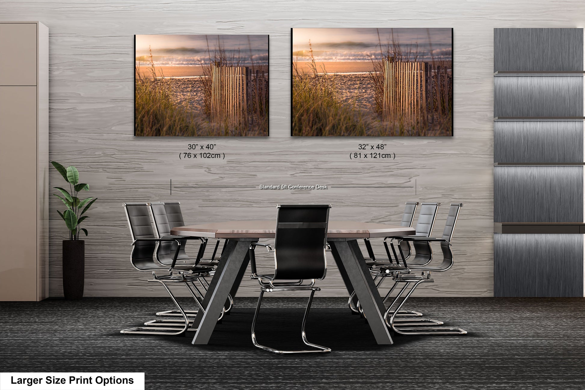 a dining room table with chairs and two pictures on the wall