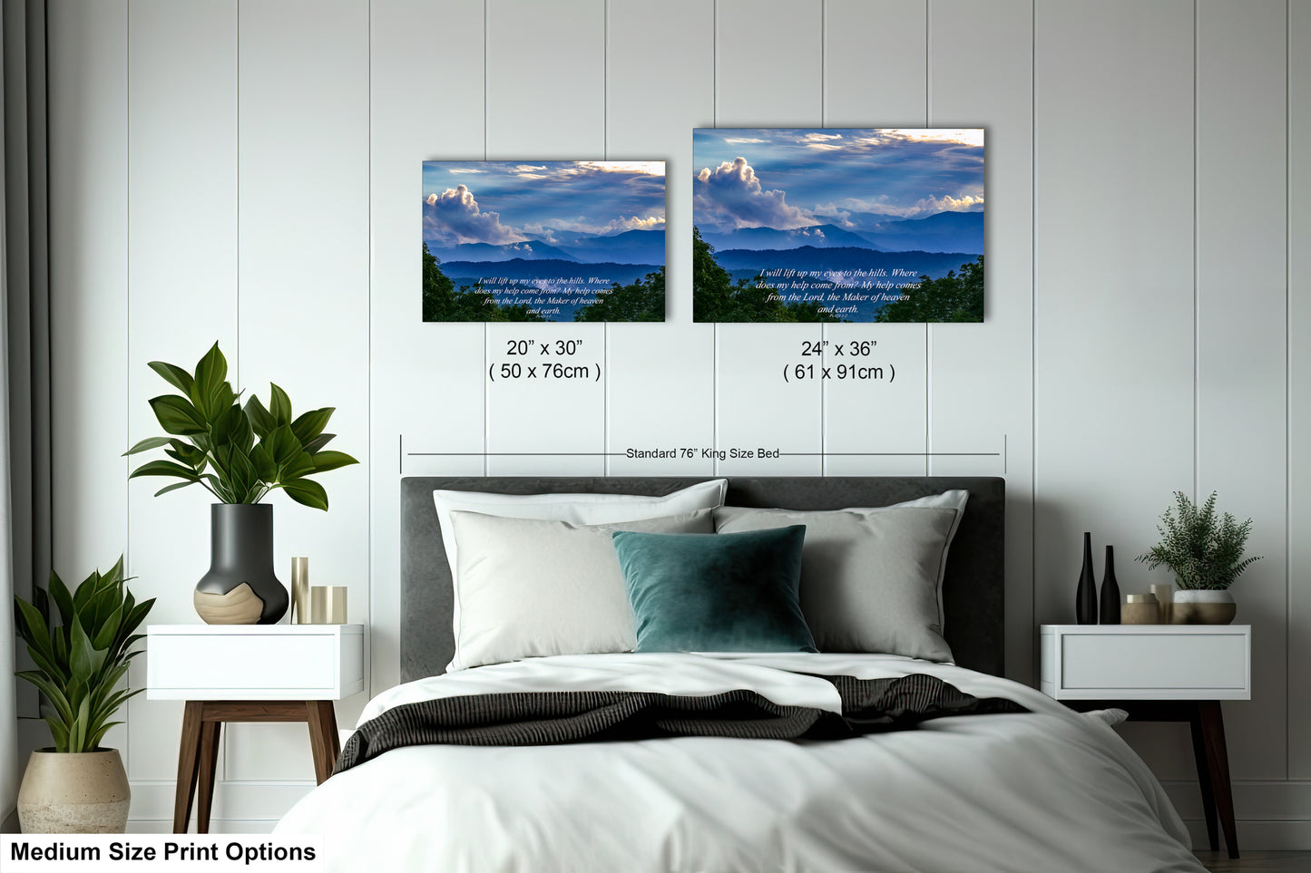 a bedroom with a bed and two pictures on the wall