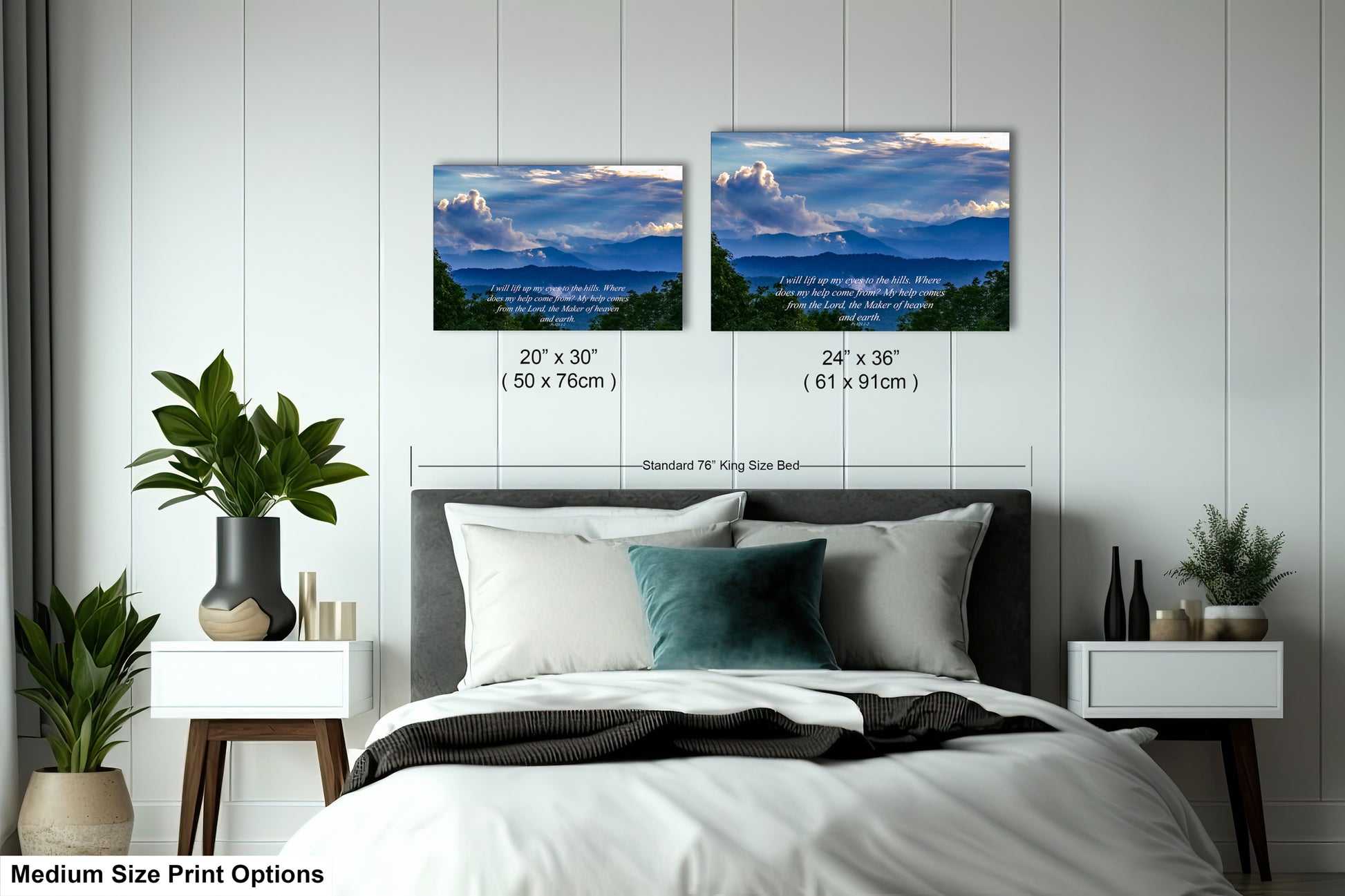 a bedroom with a bed and two pictures on the wall