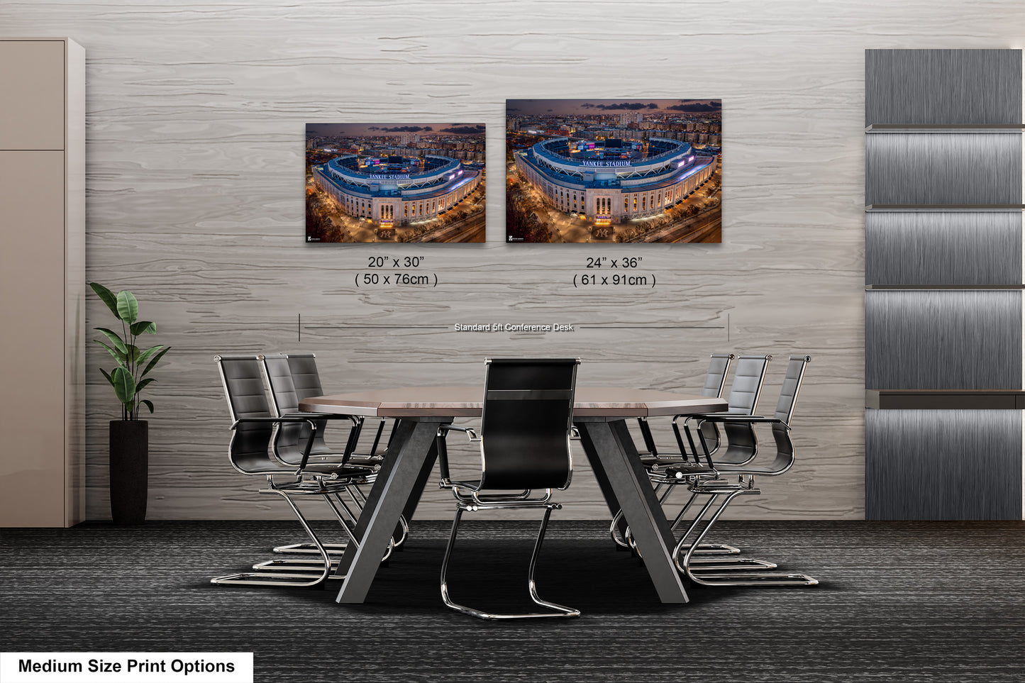 a table with chairs and a picture of a stadium