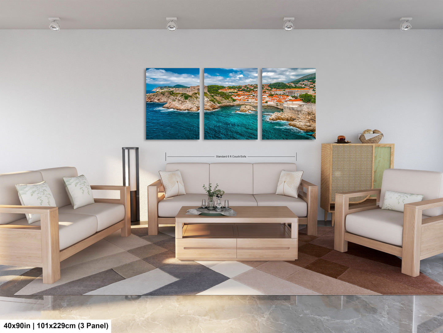 a living room filled with furniture and a painting on the wall