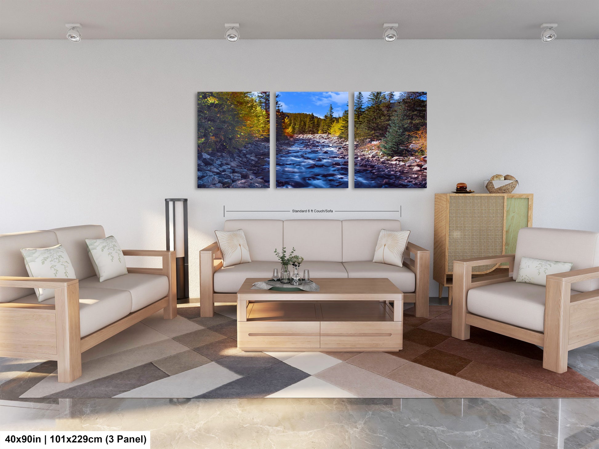 a living room filled with furniture and a painting on the wall