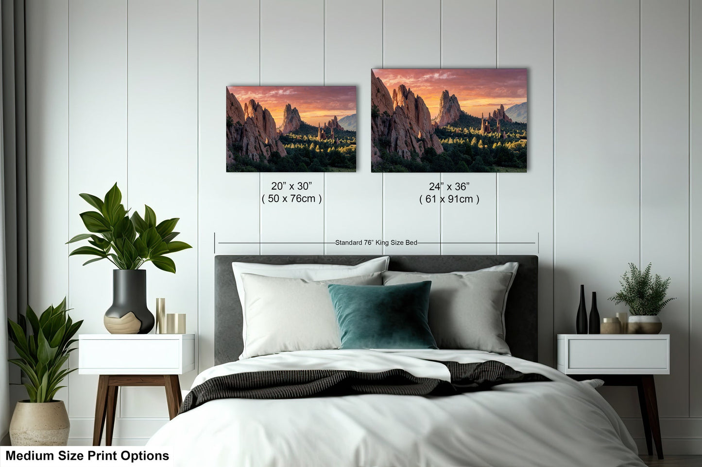 a bed room with a neatly made bed and two pictures on the wall