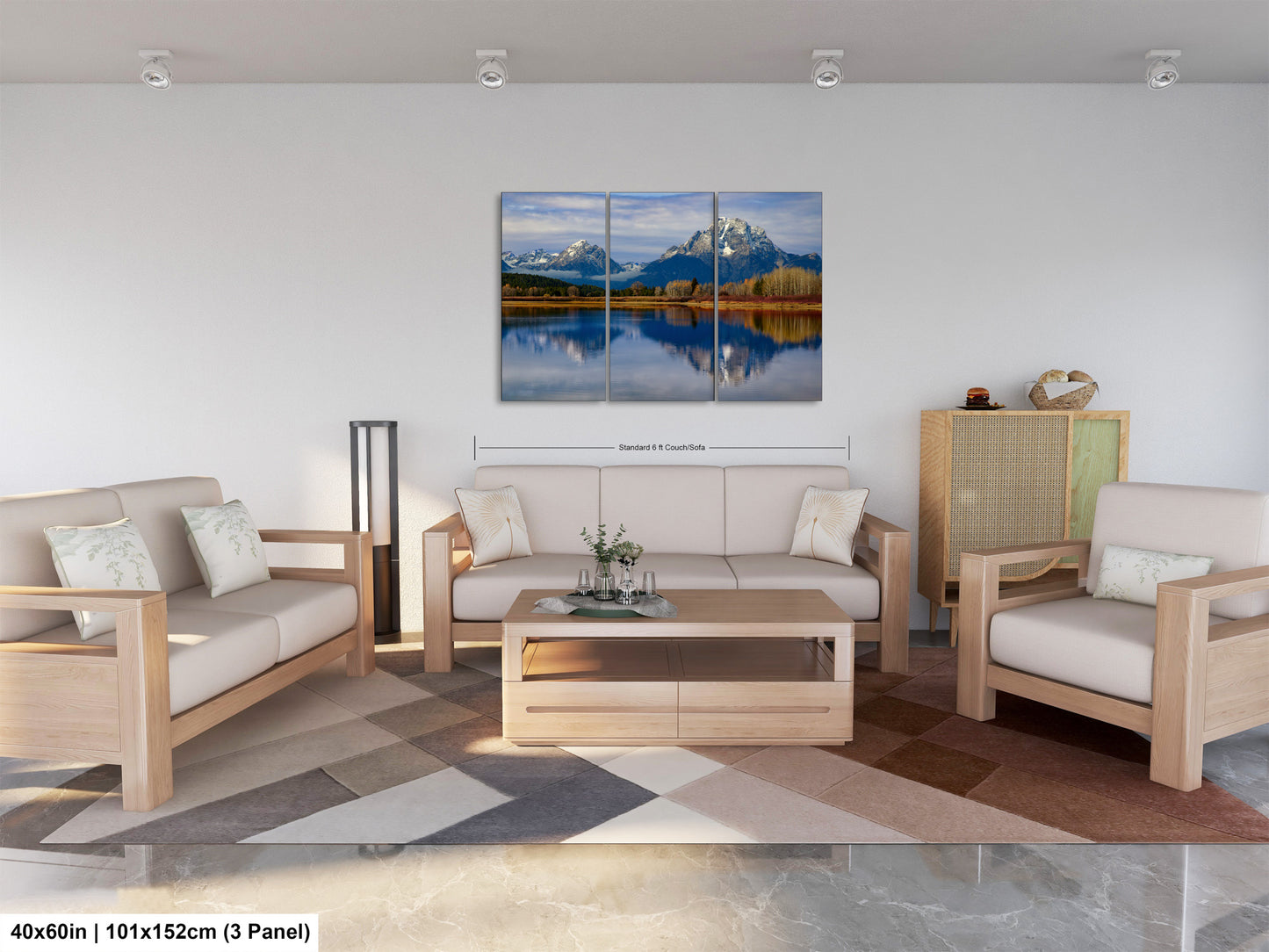 a living room filled with furniture and a painting on the wall