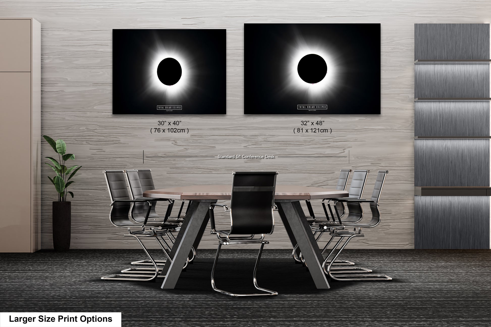 a dining room table with chairs and a picture of the eclipse