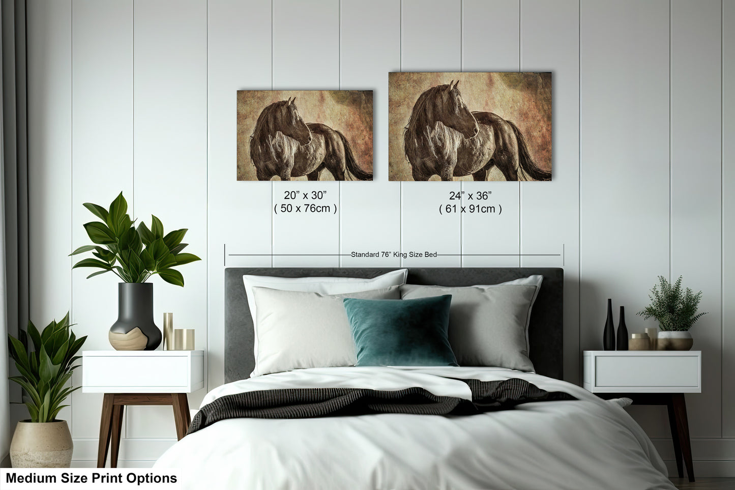 a bed with two pictures of horses on the wall above it