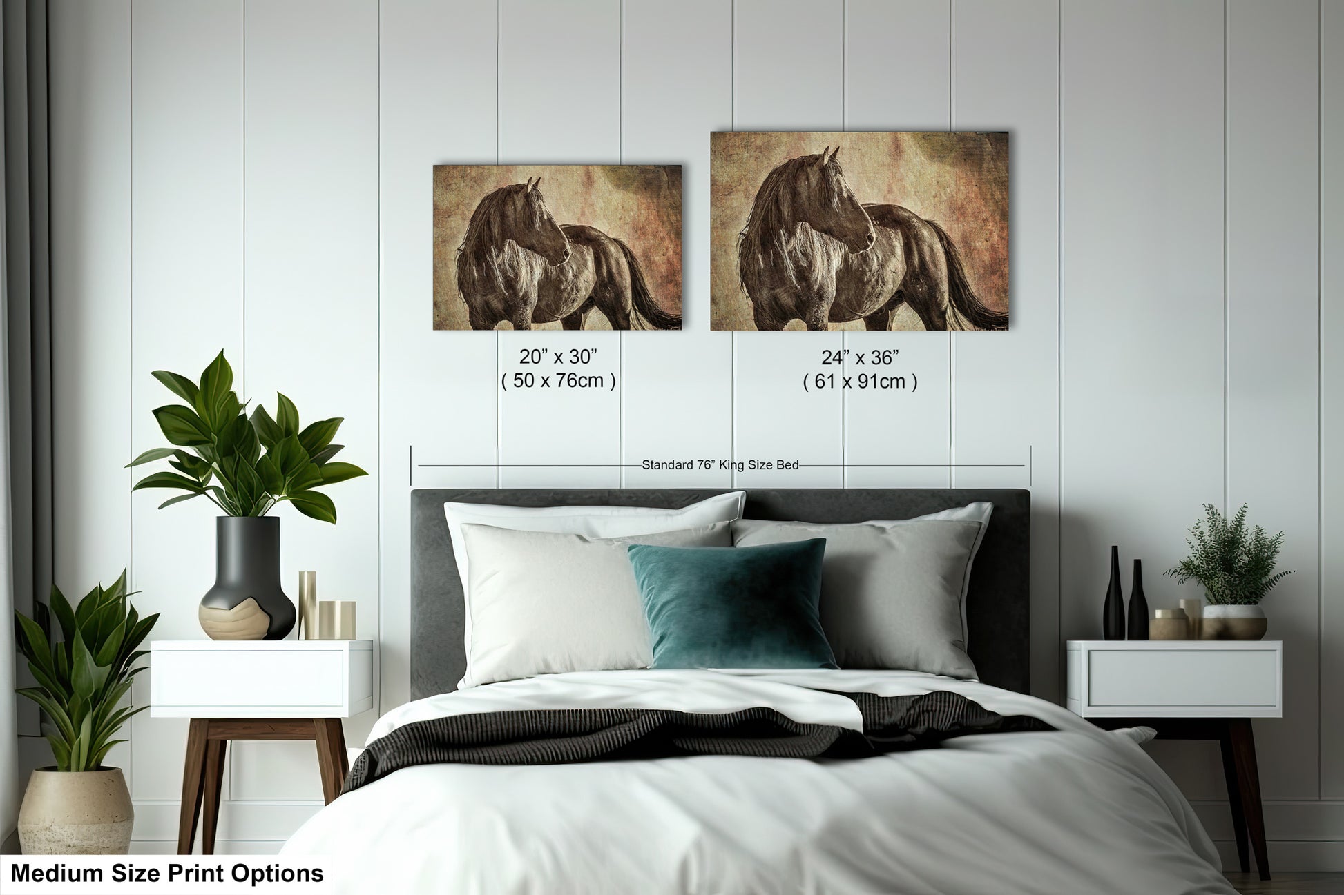 a bed with two pictures of horses on the wall above it