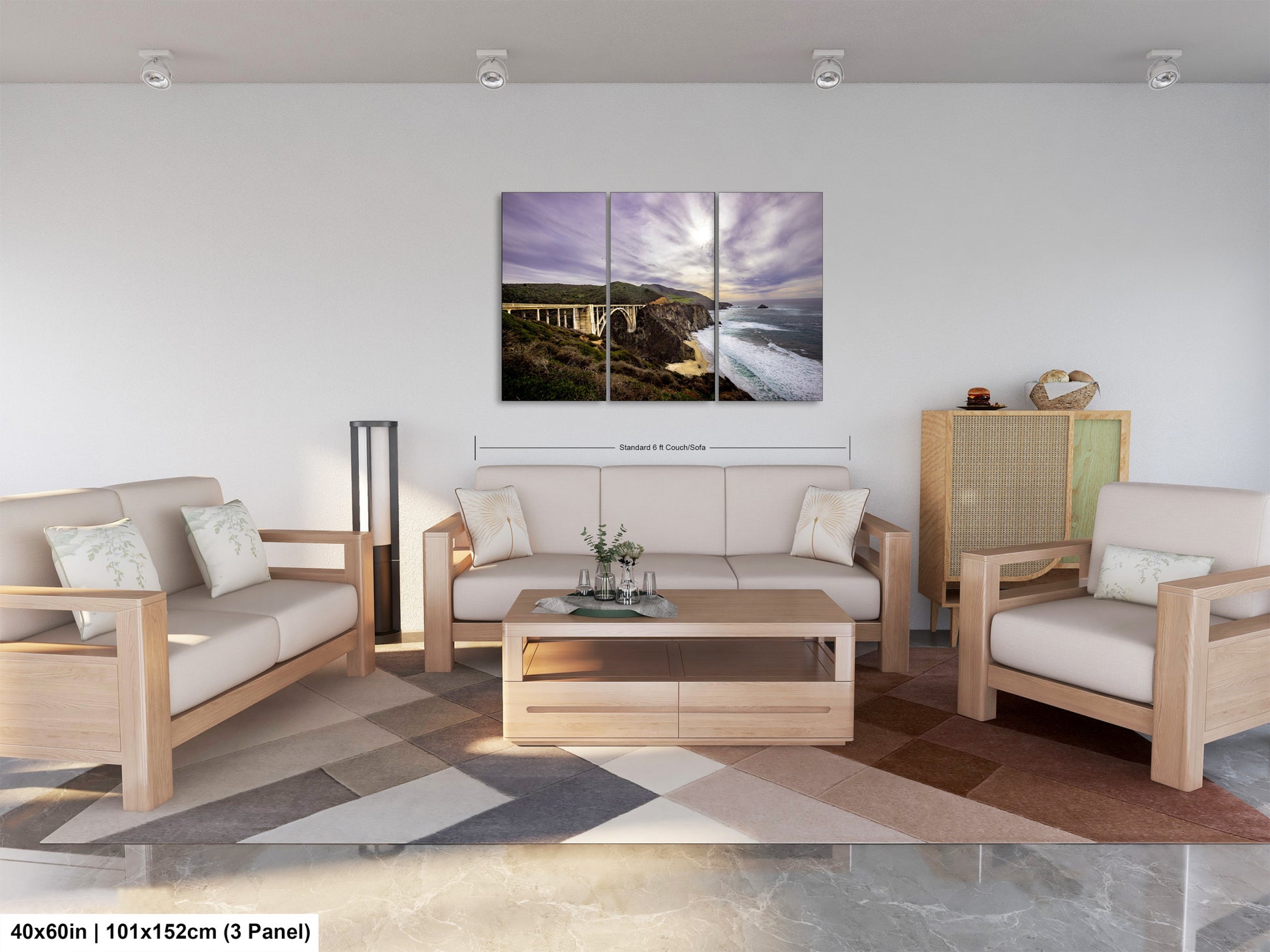 a living room filled with furniture and a painting on the wall