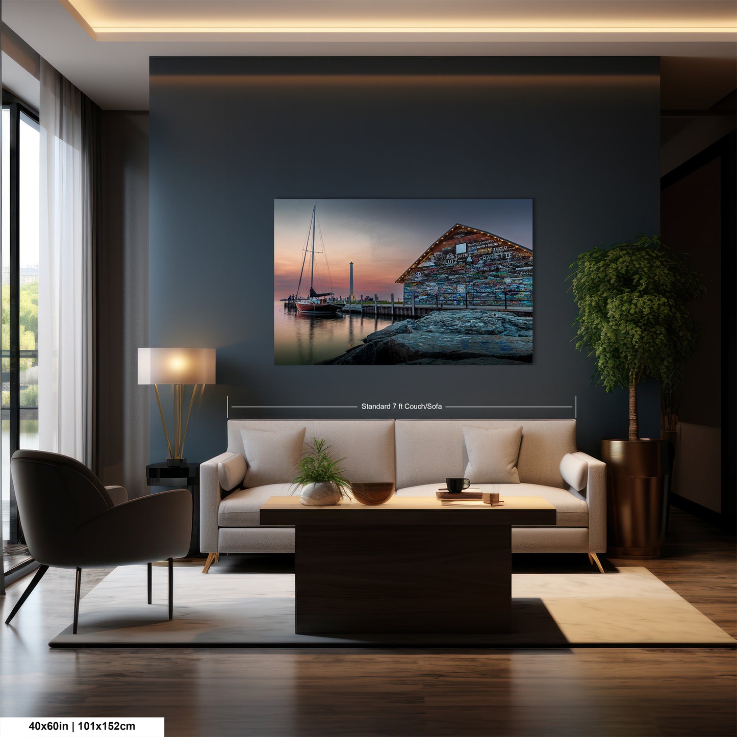 a modern living room with a large painting of a boat on the wall, a white sofa, a wooden coffee table, and a large window overlooking a scenic view.