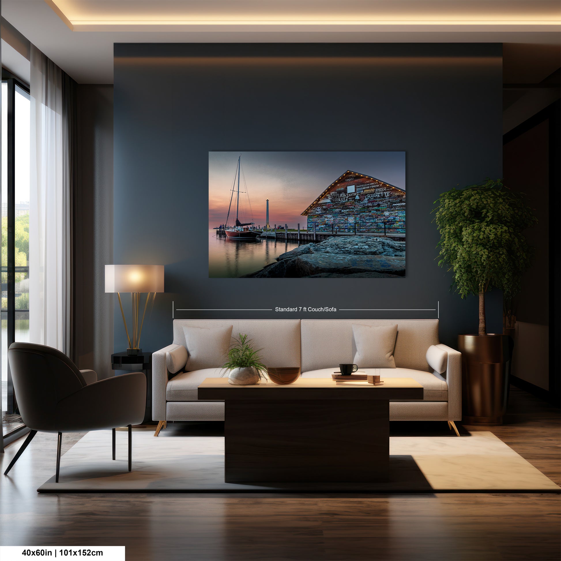 a modern living room with a large painting of a boat on the wall, a white sofa, a wooden coffee table, and a large window overlooking a scenic view.
