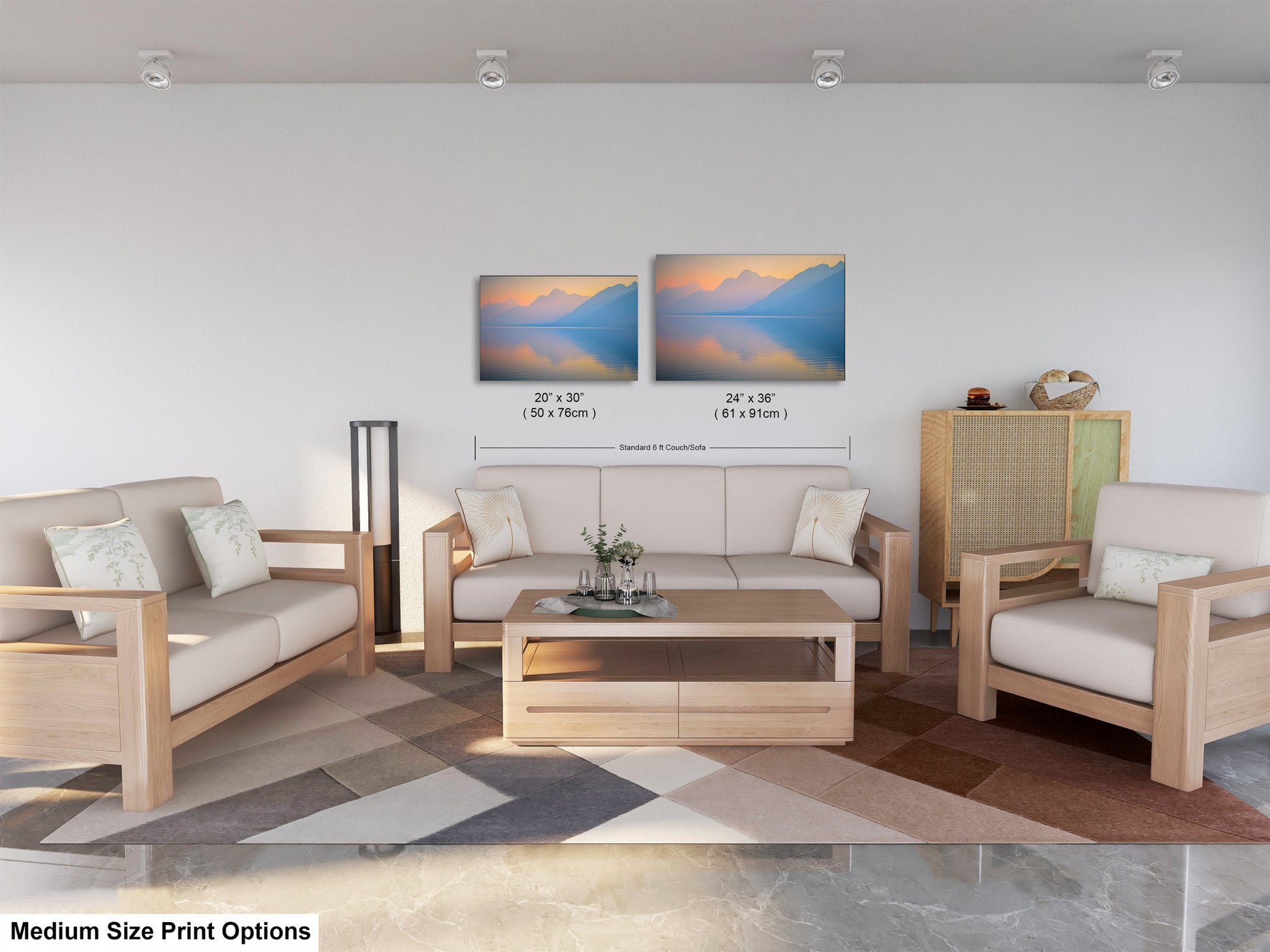 a living room filled with furniture and a painting on the wall
