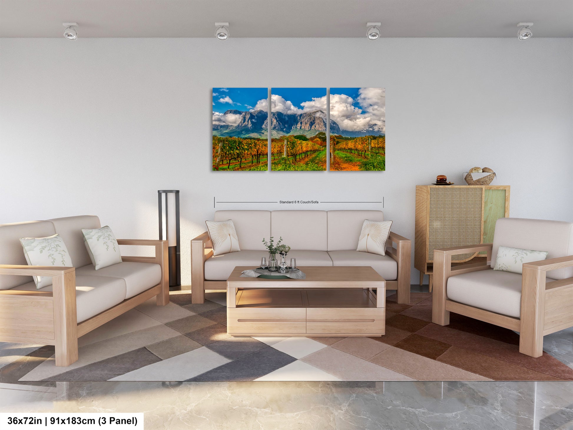 a living room filled with furniture and a painting on the wall