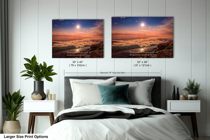 a bed with two pictures on the wall above it