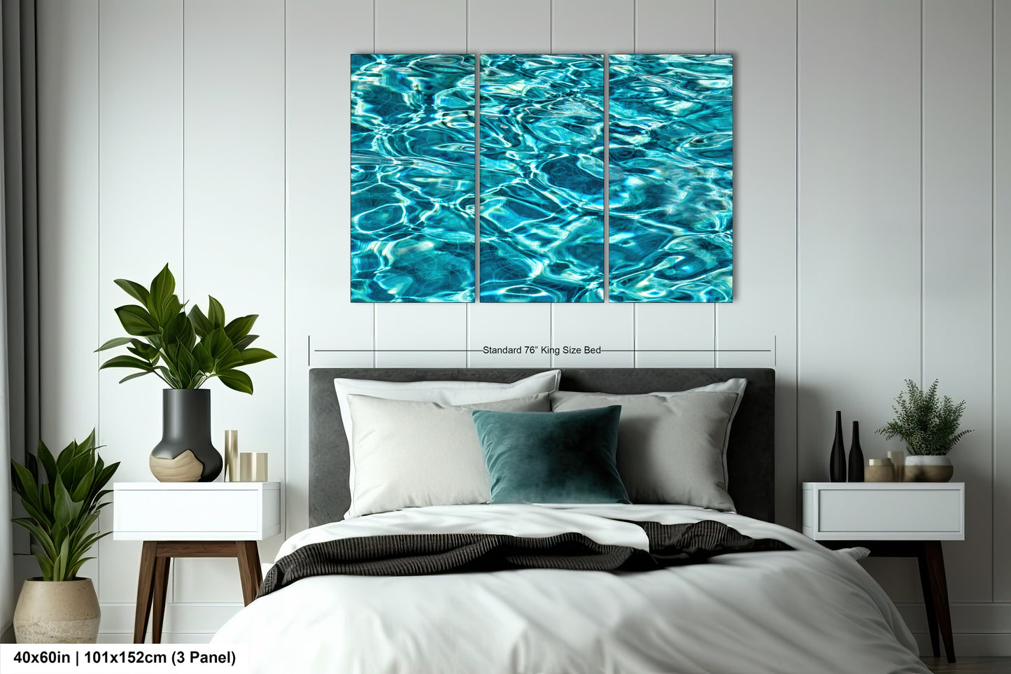 a serene bedroom scene with a large bed, nightstands, and a large wall art piece featuring a tranquil image of water.