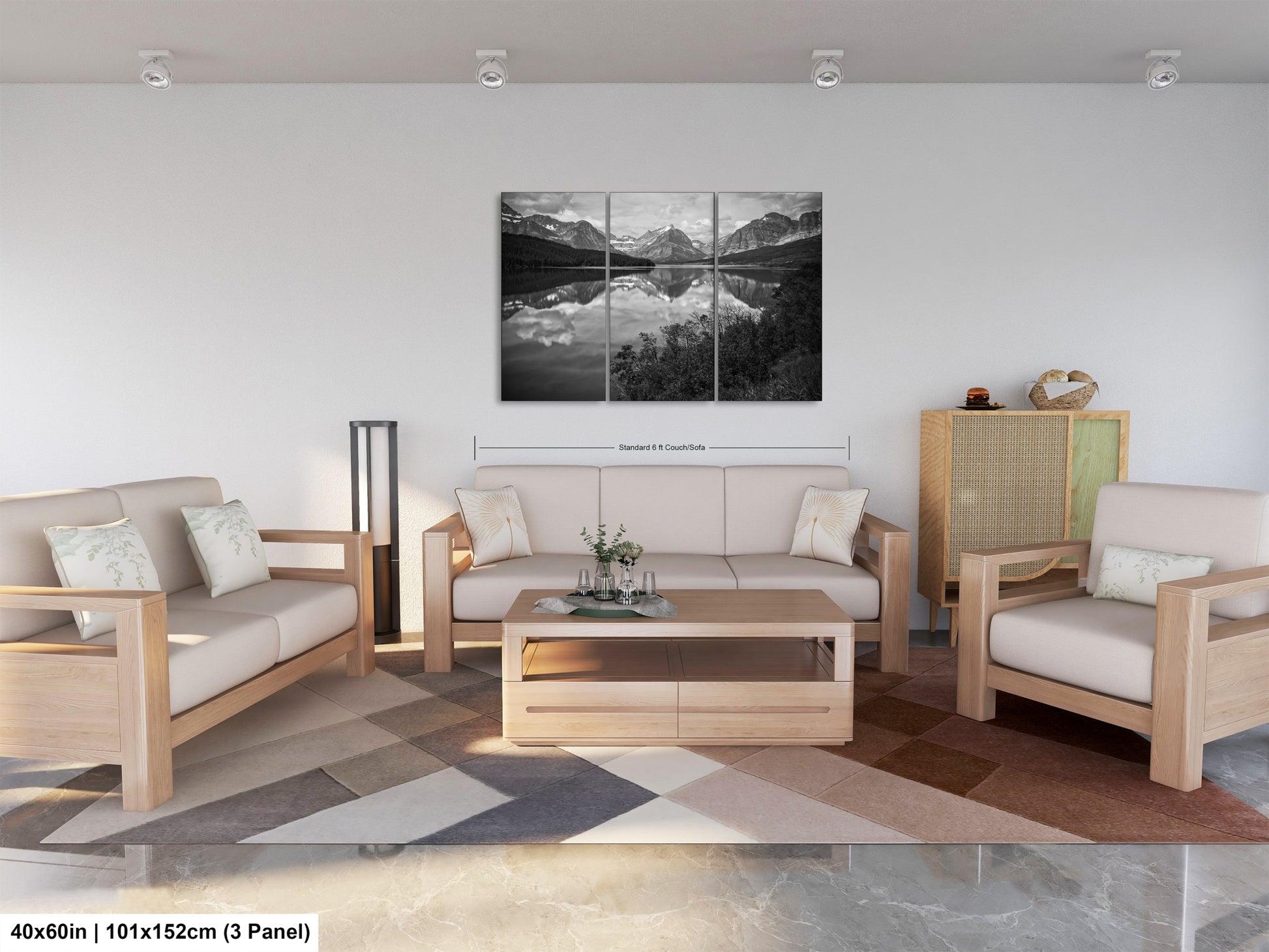 a living room filled with furniture and a painting on the wall