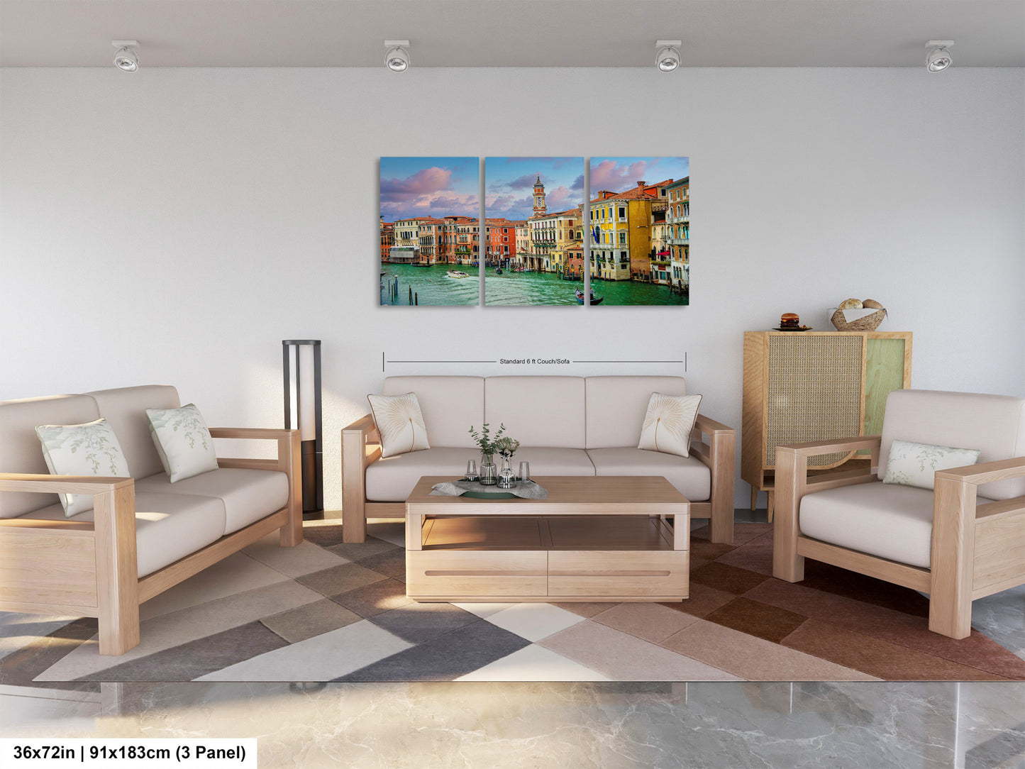a living room filled with furniture and a painting on the wall