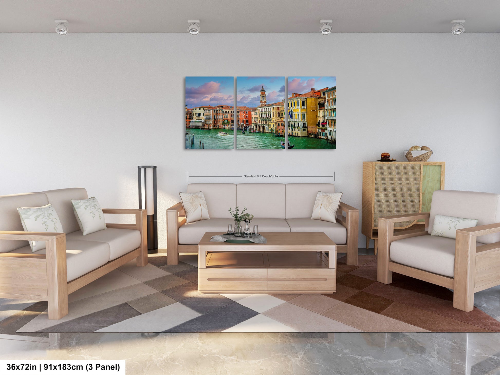 a living room filled with furniture and a painting on the wall
