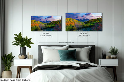 a bed room with a neatly made bed and two pictures on the wall