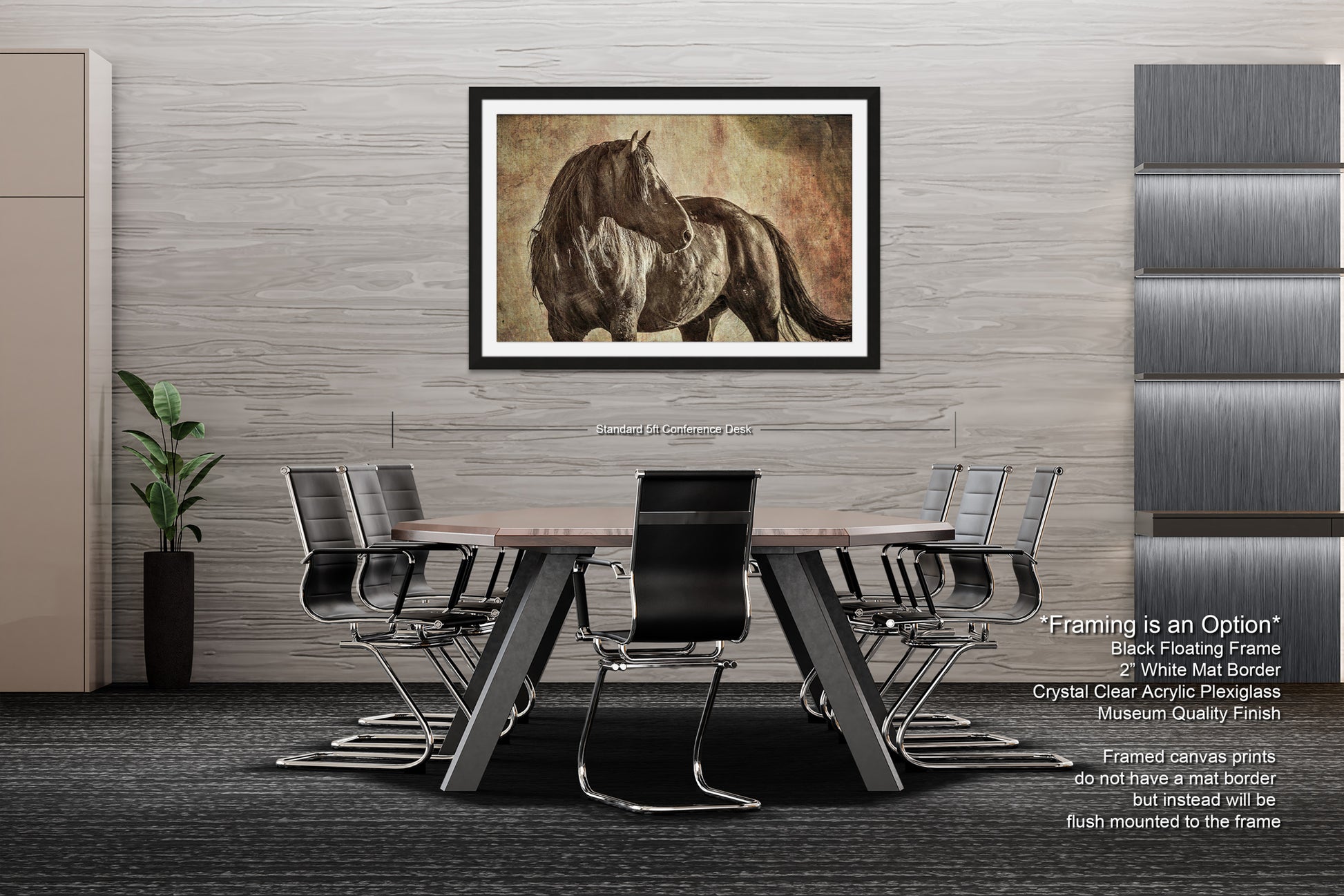 a picture of a horse on a wall above a table