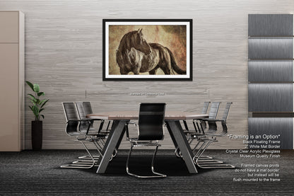 a picture of a horse on a wall above a table