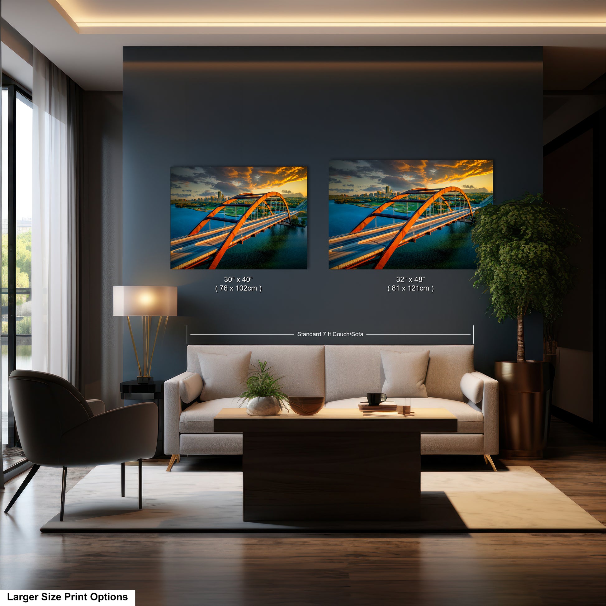 a living room with a couch and two paintings on the wall