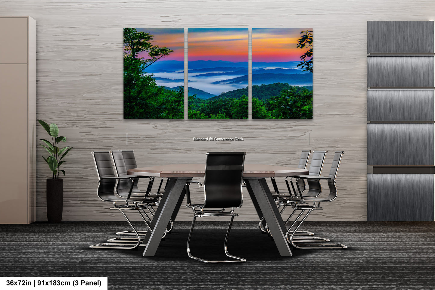 a dining room table with chairs and a painting on the wall