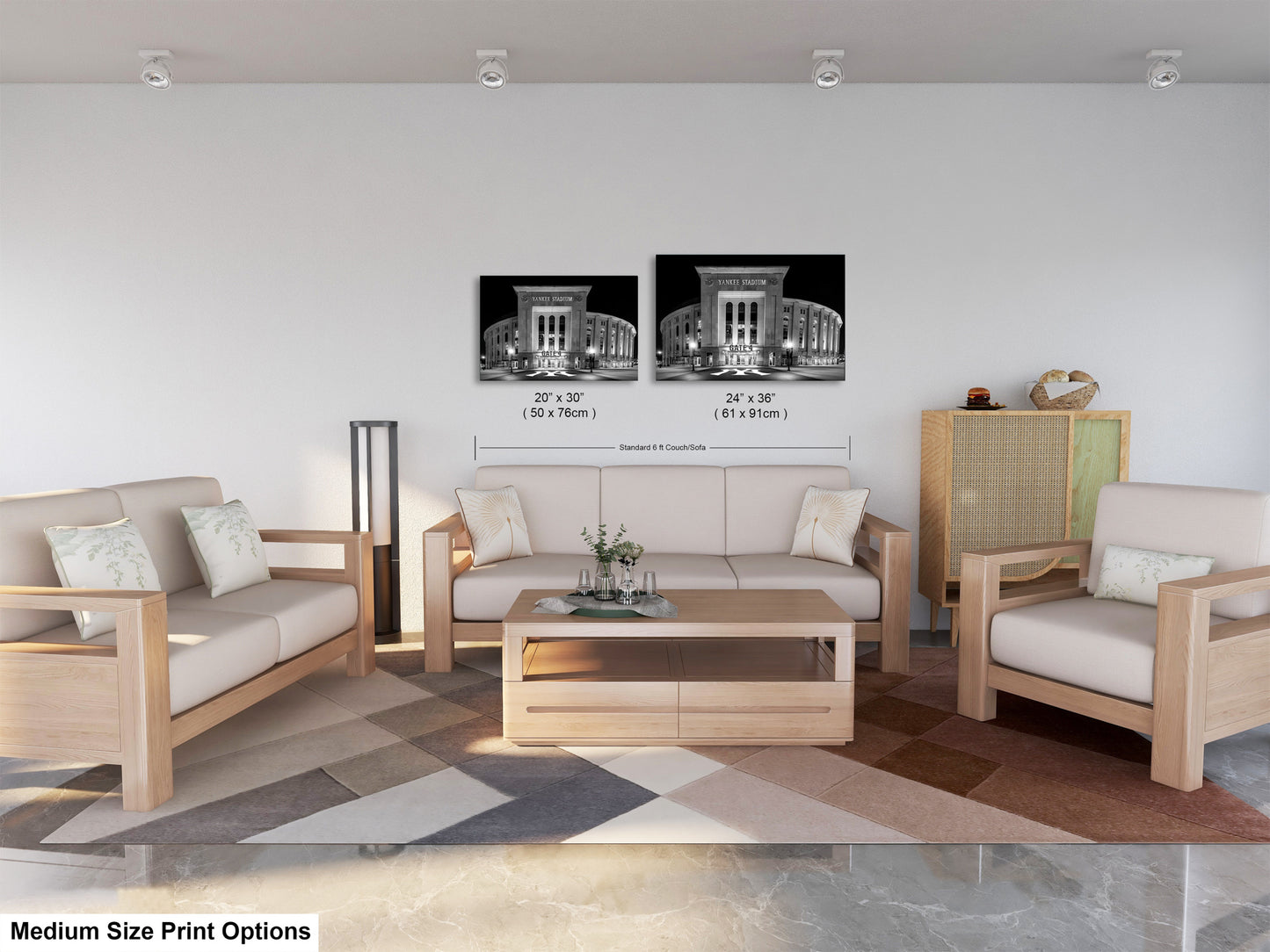 a modern living room with a white sofa, two chairs, and a coffee table. There are two framed black and white photographs of a building on the wall, and a rug on the floor. The text "MEDIUM SIZE PRINT OPTIONS" is visible, indicating that the image is a medium-sized print option.